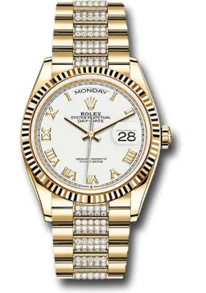   x Yellow Gold Day-Date 36 Watch - Fluted Bezel - White Roman Dial - Diamond President Bracelet - 128238 wrdp Day-Date Watches Affordable Day-Date Watch