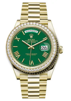   x Yellow Gold Day-Date 40 Watch - Diamond Bezel - Green Roman Dial - President Bracelet - 228348rbr grrp Day-Date Watches Affordable Day-Date Watch