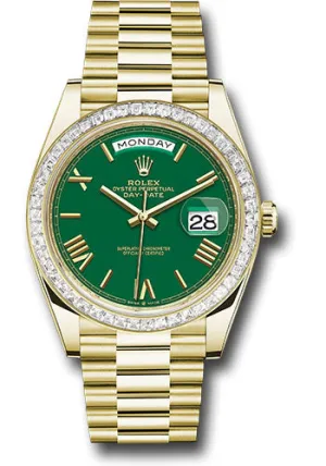   x Yellow Gold Day-Date 40 Watch - Diamond Bezel - Green Roman Dial - President Bracelet - 228398tbr grrp Day-Date Watches Affordable Day-Date Watch