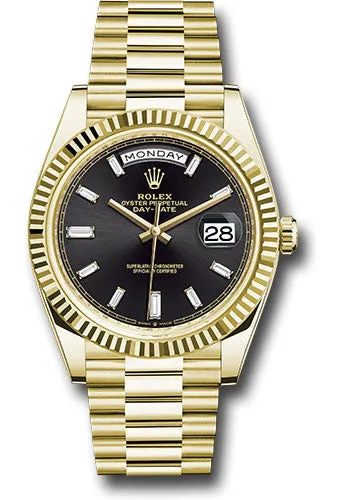   x Yellow Gold Day-Date 40 Watch - Fluted Bezel - Black Baguette Diamond Dial - President Bracelet - 228238 bkbdp Day-Date Watches Affordable Day-Date Watch