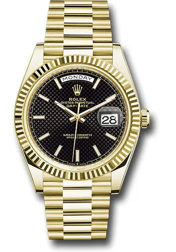   x Yellow Gold Day-Date 40 Watch - Fluted Bezel - Black Diagonal Motif Index Dial - President Bracelet - 228238 bkdmip Day-Date Watches Affordable Day-Date Watch