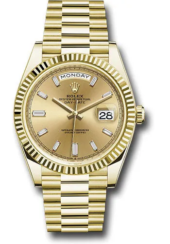   x Yellow Gold Day-Date 40 Watch - Fluted Bezel - Champagne Baguette Diamond Dial - President Bracelet - 228238 chbdp Day-Date Watches Affordable Day-Date Watch