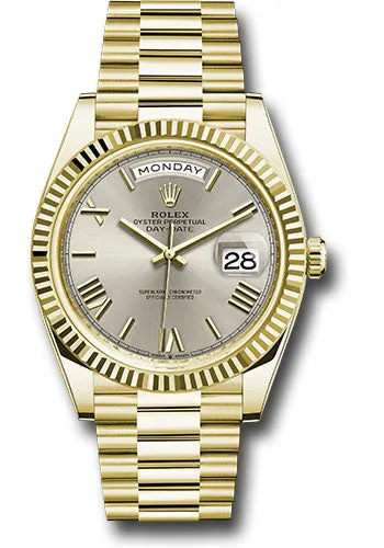   x Yellow Gold Day-Date 40 Watch - Fluted Bezel - Silver Bevelled Roman Dial - President Bracelet - 228238 srp Day-Date Watches Affordable Day-Date Watch