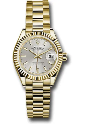   x Yellow Gold Lady-Datejust 28 Watch - Fluted Bezel - Silver Index Dial - President Bracelet - 279178 sip Datejust watch for sale   x Datejust watch