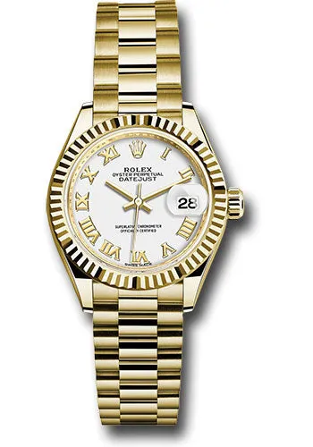   x Yellow Gold Lady-Datejust 28 Watch - Fluted Bezel - White Roman Dial - President Bracelet - 279178 wrp Datejust watch for sale   x Datejust watch